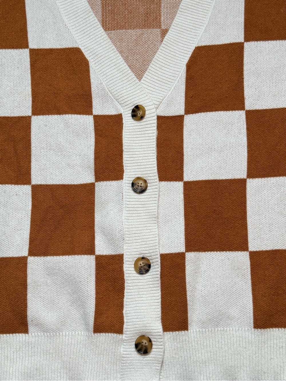 Oversized Medium Brown Cream Buffalo Plaid Knit Cardigan Sweater - Picture 5 of 11
